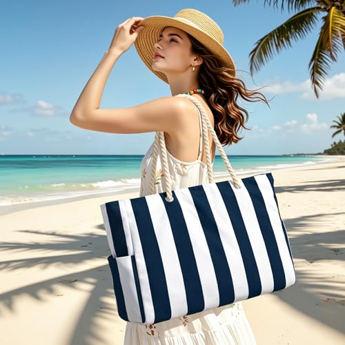 Image of Becokan Women's Pool Swim Bag - Waterproof Sandproof Large Stripe Beach Tote with Zipper
