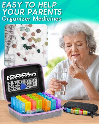 Image of Monthly Pill Organizer 2 Times a Day with Weekly Pill Bags, Portable Hard Shell Case, Pill Cutter & Opener Pick, Monthly and Weekly Stickers for Medication Management (Purple, 2 Times a Day)