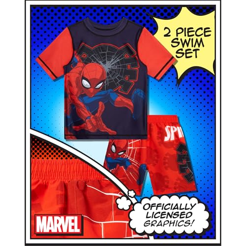 Image of Marvel Boys Rash Guard Set 2 Piece Hulk Spiderman Swim Shirt & Swim Trunks