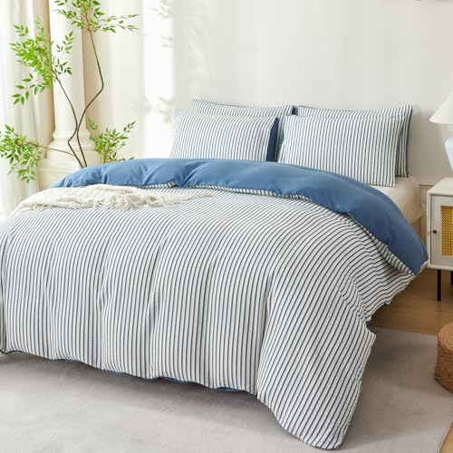 Image of Denim Blue Striped Comforter Set King - 3 Pieces Bedding Comforter Set for All Season, Soft Lightweight Washed Microfiber, 1 Striped Comforter and 2 Pillowcases (Denim Blue, King Size)