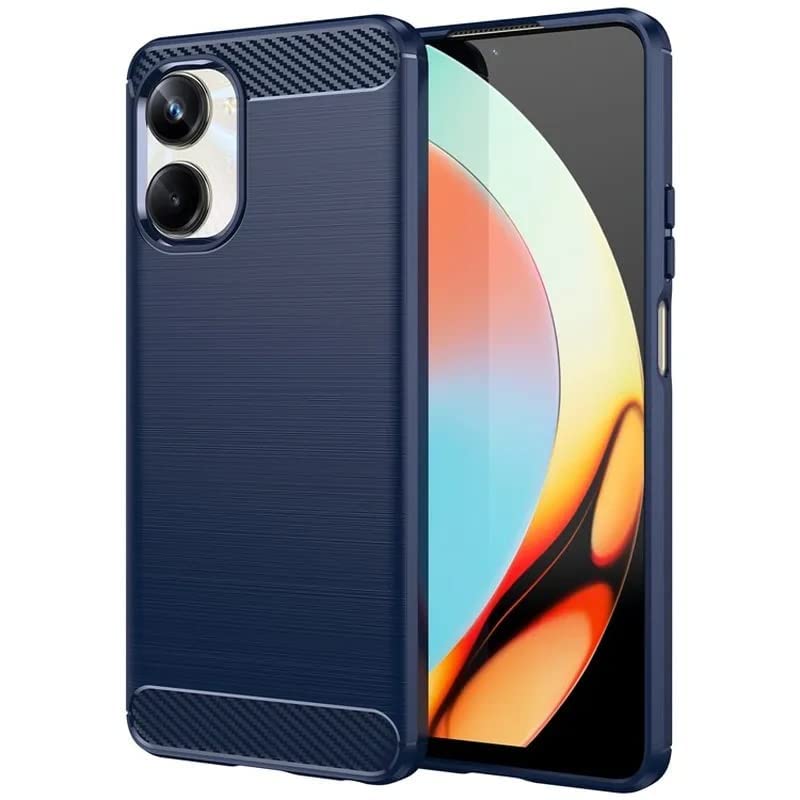 SkyTree Shock-Absorption Carbon Fiber Flexible TPU Rubber Soft Silicon Full Body Protective Cover for Realme 10 Pro 6.72" - Blue