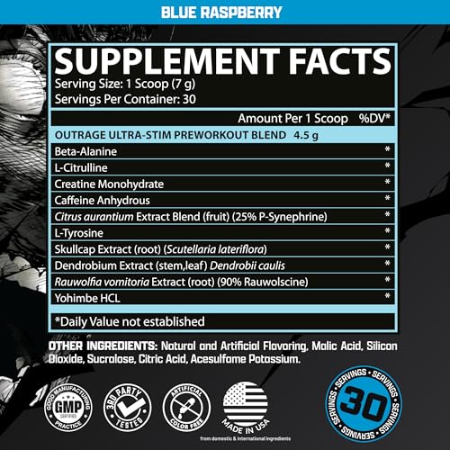 Image of Outrage Ultra HIGH STIM Pre-Workout Powder for Men | 400mg Caffeine, L-Citrulline, Beta-Alanine, Creatine | Extreme Energy, Focus, Strength & Endurance (30 Servings, Blue Raspberry)