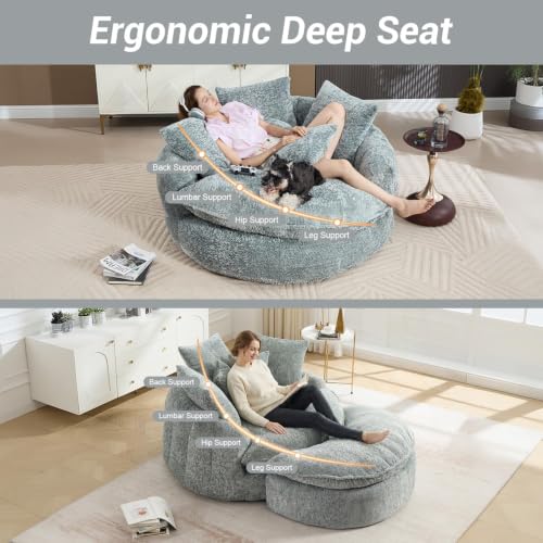 Image of 54 inch Round Chaise Lounge with Ottoman Big Bean Bag Round Sofa Bed Oversized Round Couch Boneless Reading Chair Comfy Plush Chenille Large Chaise Chair for Living Room, Apartment, Blue Gray