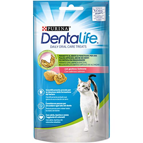 PURINA DENTALIFE Daily Oral Care Snack per l'Igiene Orale per Gatti Adulti con Salmone 8 Confezioni da 40g