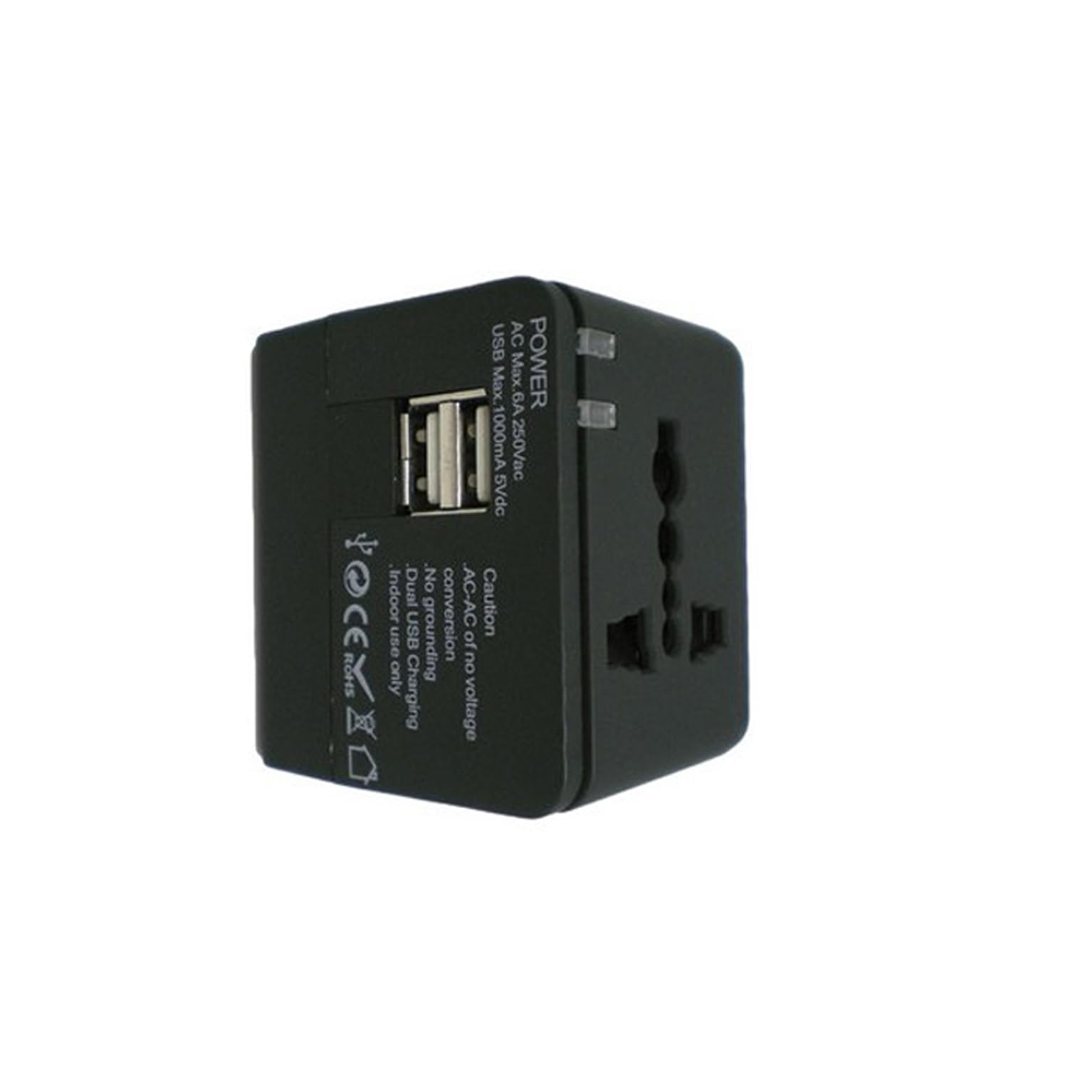 Adaptador de viaje universal con 2 puertos USB, compatible con múltiples enchufes; ideal para cargar dispositivos en cualquier país.