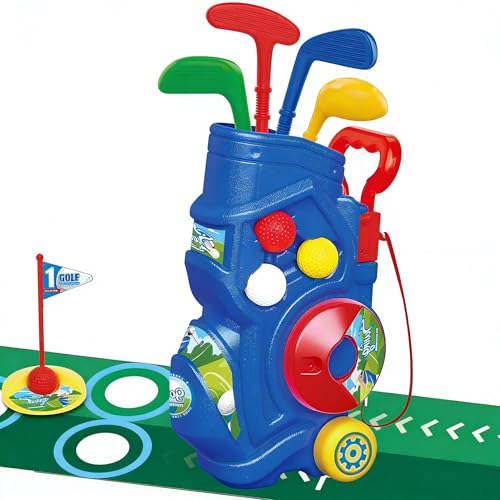 Kids Golf Clubs Set, Golf Play Equipment Set Toys, Indoor Sport & Outdoor Toy with 4 Clubs, 6 Balls, 2 Practice Holes, Shoulder Strap, Birthday Toys for 3 4 5 6 Year Old Boys Girls (Blue)