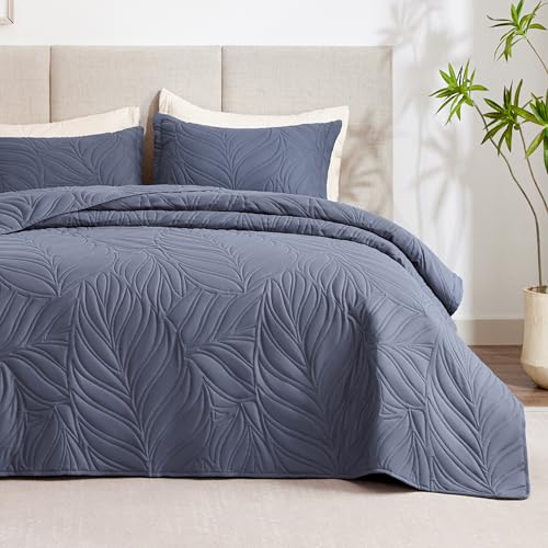EXQ Home Quilt Set Twin Size Bluish Grey 2 Piece,Lightweight Soft Coverlet Modern Style Leaf Pattern Bedspread Set(1 Quilt,1 Pillow Sham)