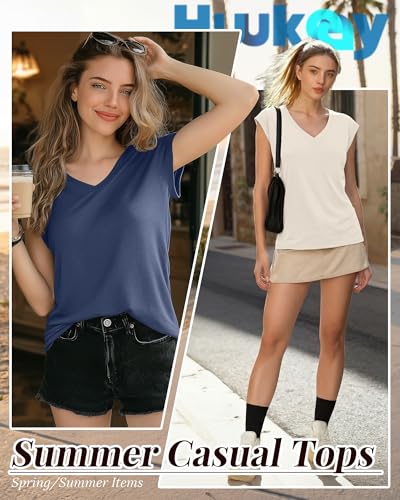 Image of Huukeay 3 Pack Women's V Neck Cap Sleeve T Shirts | Short Sleeve Basic Tees, Loose Fit Soft Tops for Women, Casual Lightweight Shirts, Everyday Summer Clothes