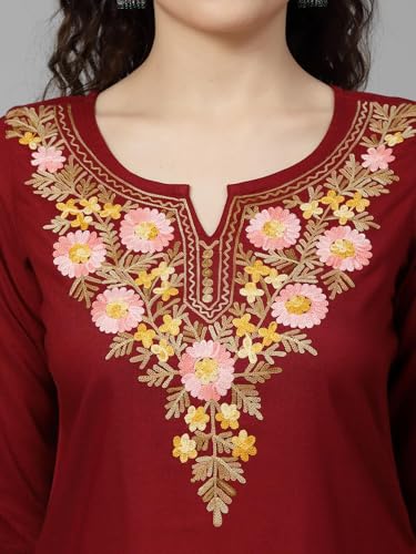 Image of QAZMI Women's Rayon Cotton Straight Keyhole Neck Three-Quarter Sleeves Israa Kashmiri Embriodered Short Kurti