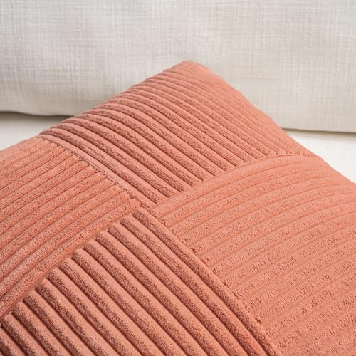 Image of Fancy Homi 2 Packs Coral Decorative Throw Pillow Covers 18x18 Inch for Living Room Couch Bed, Rustic Farmhouse Boho Home Decor, Soft Corss Corduroy Patchwork Textured Peach Cushion Case 45x45 cm