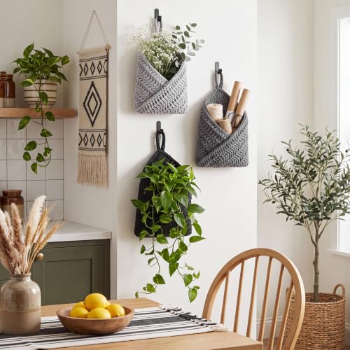 Image of Honeydak 3 Hanging Baskets, Grey, White, Dark Grey, Triangle, Cotton Rope