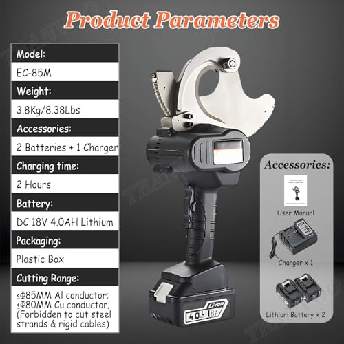 Rechargeable Hydraulic Cable Cutter - Efficient Wire Cutting Tool for Copper & Aluminum Cables, Ideal for Electricians & Industrial Applications, 75M Length, Heavy-Duty Performance