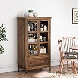 VINGLI Rustic Storage Cabinet with Glass Doors & Drawer, Solid Wood Leg, Walnut Finish Showcase