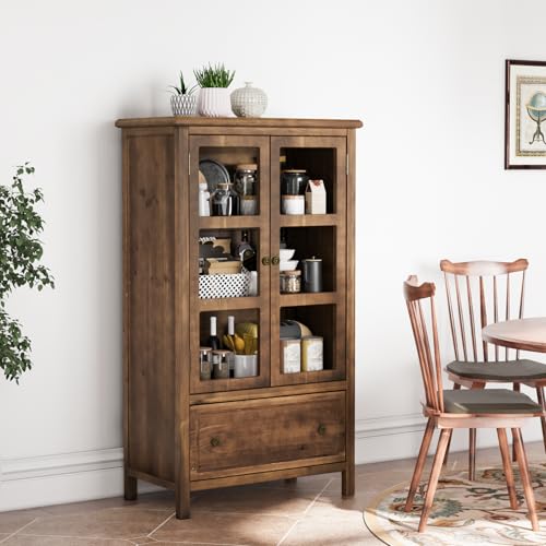 VINGLI Rustic Storage Cabinet with Glass Doors & Drawer, Solid
