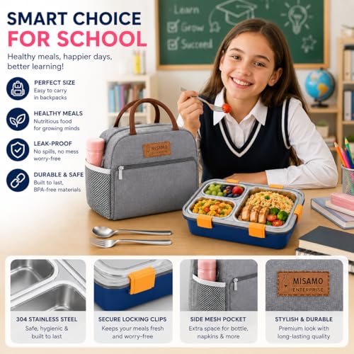 Image of Misamo Enterprise Lunch Box with Insulated Lunch Bag Combo, 3 Compartment Stainless Steel Lunch Box with Spoon & Fork, Leak Proof Food Container for School, Office & Travel (Grey Bag+Blue Lunch Box)