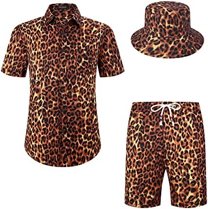 MCEDAR Mens Hawaiian Shirt Sets Floral Short Sleeve Button Down Shirt Suit With Bucket Hats(Leopard 8805,M)