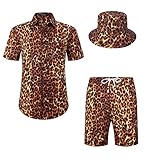 MCEDAR Mens Hawaiian Shirt Sets Floral Short Sleeve Button Down Shirt Suit With Bucket Hats(Leopard