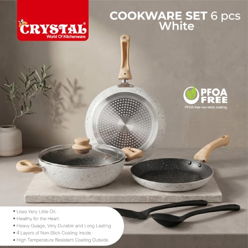 Image of Crystal Aluminum 6 Pcs Non Stick Cookware Set with Induction Bottom | Tawa, Fry Pan, Kadhai with Lid, Laddle & Spatula | Durable 4 Layer Non Stick Coating | PFOA Free | White