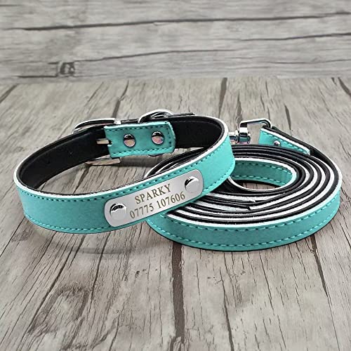 Didog Ensemble collier et laisse rembourrés en cuir souple avec plaque d'identification gravée personnalisée, pour chiens de petite et moyenne taille, bleu, taille M – Image 5