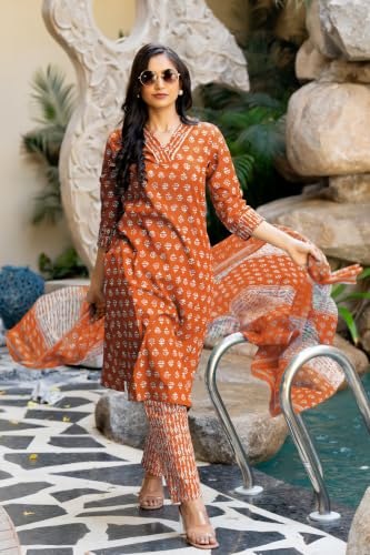 Image of MIRCHI FASHION Women's Straight Fit Pure Cotton Floral Printed Kurta Set with Dupatta and Pant