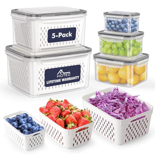 HOTEC 5-Pack Large Fruit Storage Container for Fridge Leak proof with Removable Colander, BPA Free Dishwasher & microwav - Detailed View
