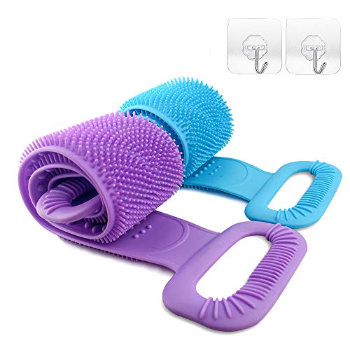 2Pcs Silicone Back Scrubber for Shower, Exfoliating Silicone Bath Body Brush, Handle Body Washer, Deep Clean, Lathers Well(Blue & Purple)