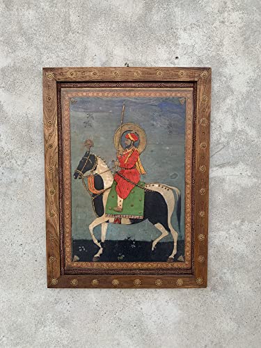 Indian Mughal King Shahjahan Horse Riding Wooden Photo frame, Cloth Art Work Handmade Picture Frame Collectible Old Vintage Art- 15.5 x 21"