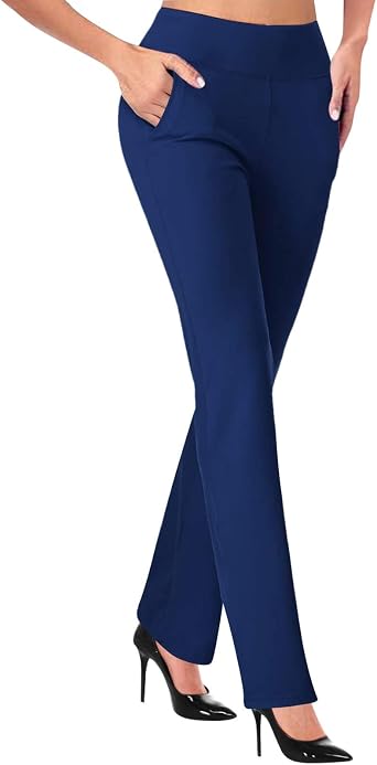 Womens Dress Pants Stretchy Work Pants Business Casual Office Trousers Pull On Flare Slacks with Pockets