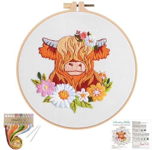 Image of Louise Maelys Highland Cow Embroidery Kit for Beginners Floral DIY | Cross Stitch Kits Offer a Complete Set for DIY Lovers. Needlepoint Kit for Beginners and Adults to Explore Creative Hobbies