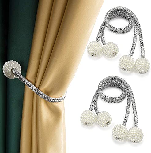 Image of Home Cloud Magnetic Curtain Tiebacks Convenient Drape Tie Backs - Pearl Decorative Rope Holdback Holder for Window Drapries Color Multi (1pair 2 pcs) (Grey)