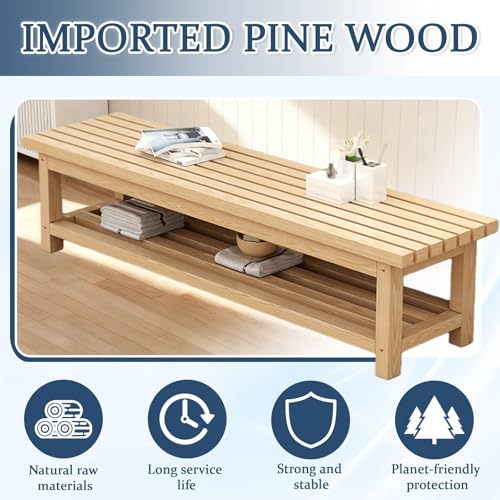 Banc bas et long en pin massif 80 cm style rustique traditionnel - 4