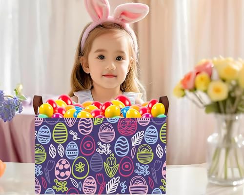 Image of Large Rectangular Easter Baskets Empty Waterproof Boy Toy Box Foldable Kid's Gifts Storage Bin Spring Room Decor(Purple Striped Egg)
