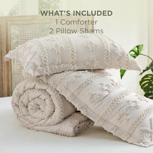 Image of Bedsure Tufted Boho Comforter Set Queen Size - Ivory Boho Bed Set, GentleSoft 3 Pieces Farmhouse-Style Embroidery Bedding, Gifts for Woman, Soft Jacquard Kids' Queen Comforter for All Seasons