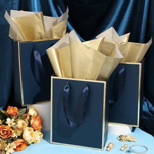 Image of Yeaqee 24 Pack Metallic Paper Gift Bag with Tissue, Navy Blue, Gold | with Satin Ribbon Handle and Tissue, 9x7x3.1 Inch, Suit Business, Birthday, Christmas, Thank You Return Gifts Bags