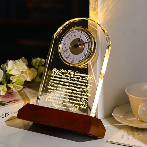 Image of Ornalrist First Holy Communion Gifts for Girls Boys, Glass Clock for First Communion Baptism Gifts for Granddaughter Goddaughter with Wooden Light Base, Christening Christian Gift Ideas