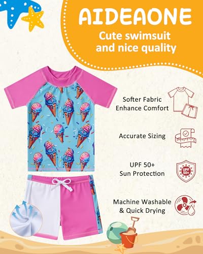 Image of AIDEAONE Girls Rash Guard Swimsuit Short Sleeve Two Piece Bathing Suit Size 3-12T