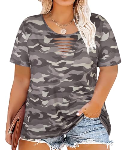 Image of CARCOS Plus Size Tops for Women Short Sleeve Shirts Basic Tee Solid Color Blouse V Neck Tunic Loose Fit Tshirts Summer XL-5XL