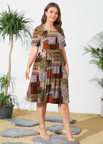 Image of POSESHE Womens Plus Size Summer Dress 2026 Casual Short Sleeve Empire Waist Loose Fit Swing T-Shirt Dress with Pockets