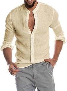 Camisa de Lino para Hombre Manga Larga Estilo Casual – Cuello Mao, Fresca y Ligera para Verano, Playa o Fiesta Ibicenca