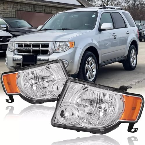 Pair Headlights Assembly DOT Approved For 2008-2012 Ford Escape Limited XLS XLT SUV Replacement Headlamps Driver and Psaaenger Side Chrome Housing Clear Lens OE Style FO2502229 FO2503229(LH&RH)