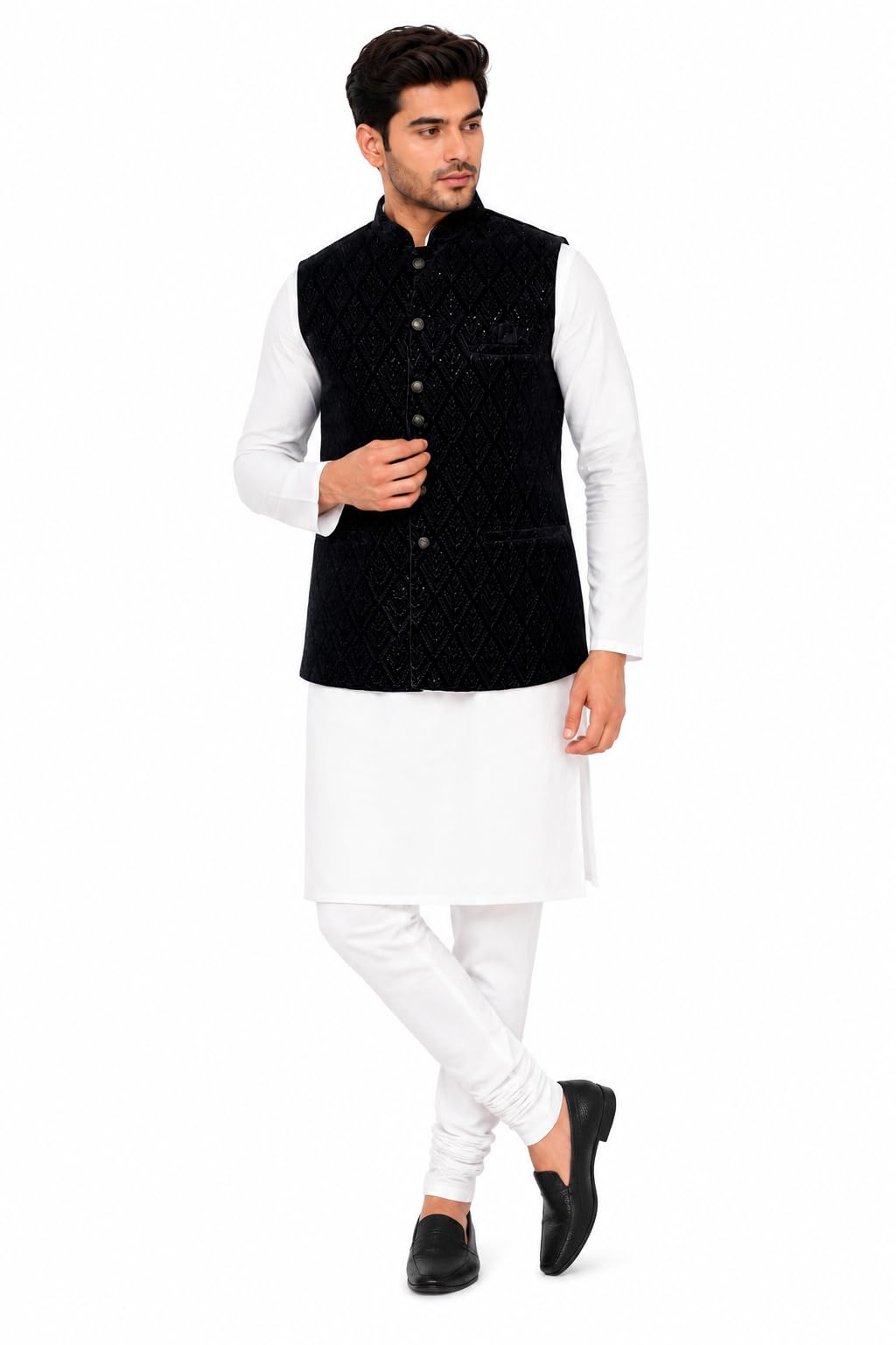 Men's Velvet Sequin Nehru Jacket, Black, Diamond Pattern, Indian Ethnic Wear-picture-29