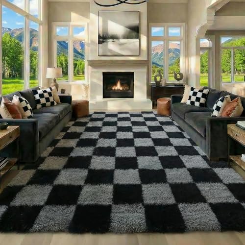 Image of KICMOR Large Rugs for Living Room 7x10 Area Rug, Black and Grey Big Fluffy Shag Shaggy Fuzzy Checkered Bedroom Carpet, Indoor Soft Plush Rug for Kids Boys Girls Dorm Nursery Home Decor Aesthetic