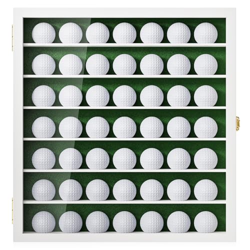 Image of TJ.MOREE Golf Ball Holder Display Case for 49 Balls, Wall Mount, White Wood | Acrylic Front, Metal Door Lock, Soft Lining, Gift for Men