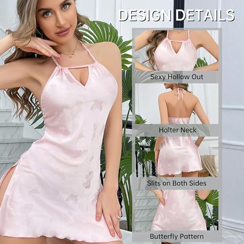 Image of Nimiah Women's Sexy Night Gowns - Satin Silk-Like Pink Slip Lingerie Dress Naughty Slutty Babydoll Lingerie