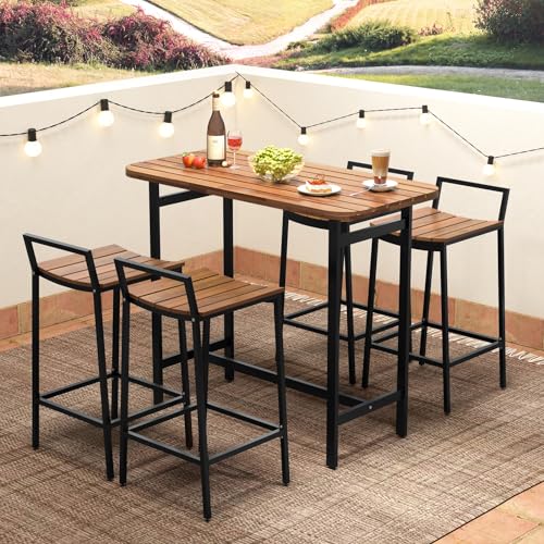 Tangkula-5-Piece-Acacia-Wood-Bar-Table-Set-Outdoor-Bar-Height-Table-Chairs-with-Metal-Frame-Footrest-Patio-Bar-Table-Set-for-4-Patio-Furniture-Bistro-Set-for-Deck-Garden-Poolside Tangkula 5 Piece Acacia Wood Bar Table Set Outdoor Bar Height Table Chairs with Metal Frame Footrest Patio Bar Table Set for 4 Patio Furniture Bistro Set for Deck Garden Poolside