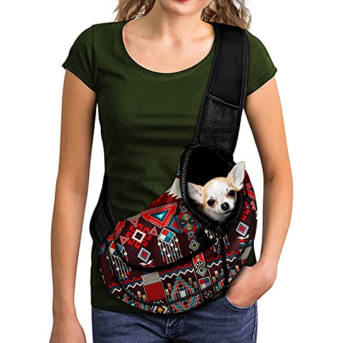 FUSURIRE Aztec Geometry Pattern Pet Sling Carrier Tribal Ethnic Style Breathable Mesh Travel Pet Handbag Safe Sling Bag Carrier for Dogs Cats with Adjustable Shoulder Strap and Reinforced Buckle