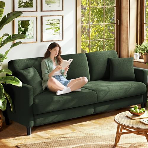 Image of Welzona 83 inch Couches for Living Room, Teddy Sofa Couch, Comfy Sofas for Living Room, Tool-Free Setup Loveseat Sofa, All-Wood Love Seat Couches, Small Couch 2 Pillows Included, Green