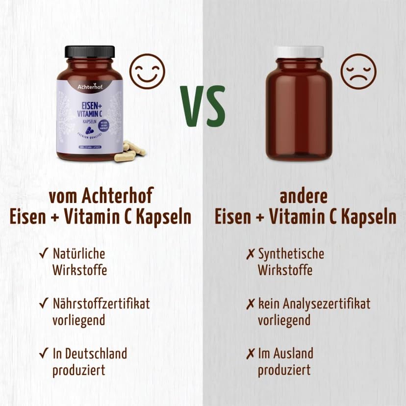 Eisen Kapseln 180 Stück | Eisen aus Curryblatt-Extrakt | Vitamin C aus der Hagebutte | 100% vegan | vom Achterhof