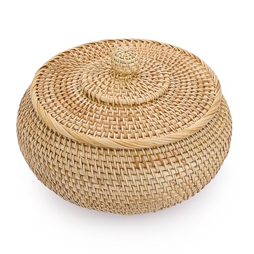 SUMTree panier de rangement en rotin panier avec couvercle boîte décorative organisateur pour étagère, maison, cuisine (22x13cm)