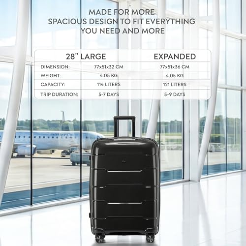 Large 28" Checked Luggage 77x51x32cm + Expandable Hold Baggage (114/121 Liters) Polypropylene Suitcase TSA Approved Lock 8 Silent Spinner Wheels Lightweight Suitcases Airline-Approved Travel - Image 4